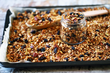 Selective focus. Homemade granola. Cooking a healthy meal.