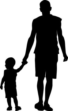 Silhouette. Father Plays With Son And Holds His Hand