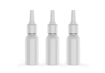 White blank plastic nasal drops bottle with dispenser pump, mock up template on isolated white background, 3d illustration