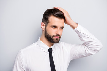 Photo of young macho business man touch arm perfect groomed hairstyle salon styling look mirror empty space wear white office shirt tie isolated grey color background