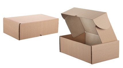 Set of two angles of a cardboard packaging box with a closed and open lid with side fixation,...