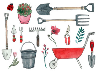 Set of garden elements for design. Hand-drawn watercolor illustration. Potted plants, watering can,...