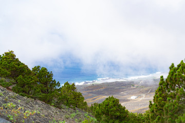View from the edge of the volcanic crater San Antonio to La Palma, Spain, to the valley and the Altantic Ocean