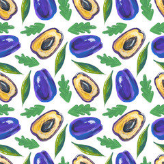 Plums seamless pattern. Fruits background. Watercolor illustration. . Plum drawing watercolor isolated on white background. Watercolor botanical illustration.