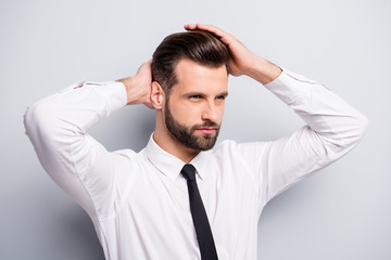 Photo of young handsome serious business man touch perfect groomed hairstyle after salon styling macho guy wear white office shirt tie isolated grey color background