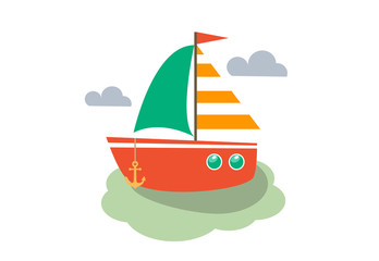 Red Boat, Sea and Clouds Illustration