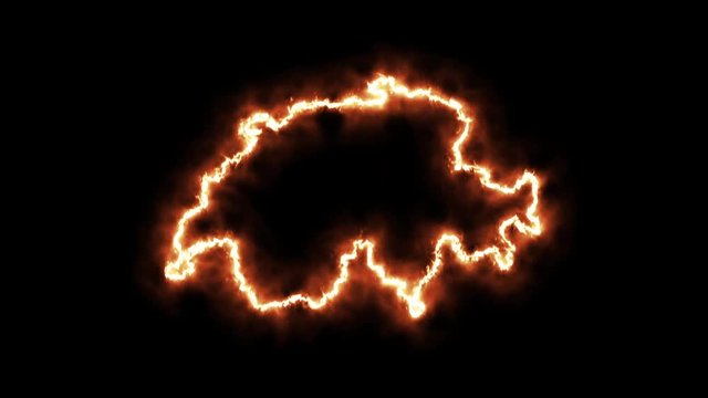 Outline map of Switzerland on fire. 3D Render