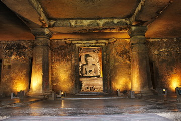 Ajanta Cave 11: Buddha in Padmasana in Teaching Pose. Aurangabad, Maharashtra, India
