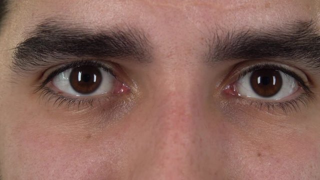 Frightened brown eyes of a man, close-up