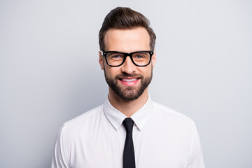 Closeup photo of attractive handsome business man employer investor friendly beaming smiling wear specs white office shirt tie isolated grey color background