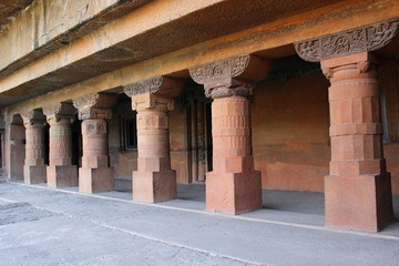 Fototapeta premium Cave 24: General View of Facade. Showing pillars in the verandah. Ajanta Caves, Aurangabad, Maharashtra, India