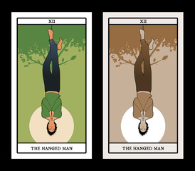 Major Arcana Tarot Cards. The Hanged Man. Man hanging from a tree, face down, subject of the right foot, with praying hands