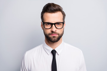 Closeup photo of young handsome serious business man bossy employer investor attentively look listen colleagues wear specs white office shirt tie isolated grey color background