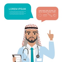 arab doctor raising up his finger to give advice or recommendation. Hospital worker speaking with speech bubble and holding clipboard.
