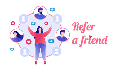 Refer a friend concept. Referral program, referral marketing, referring friends. Vector illustration.