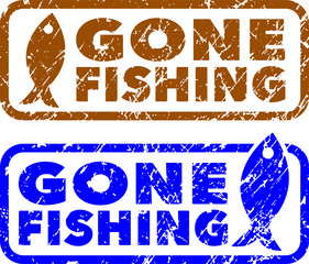 Gone fishing stamps. Grunge texture.