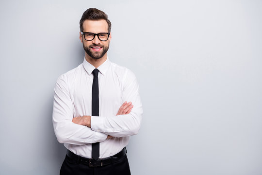 Photo of handsome young business man bossy crossed arms friendly smiling meet colleagues partners wear specs white office shirt black trousers tie isolated grey color background