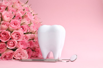 White tooth with dental instruments on a pink background with pink roses in honor of the international dentist day February 9