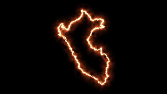 Outline map of Peru on fire. 3D Render