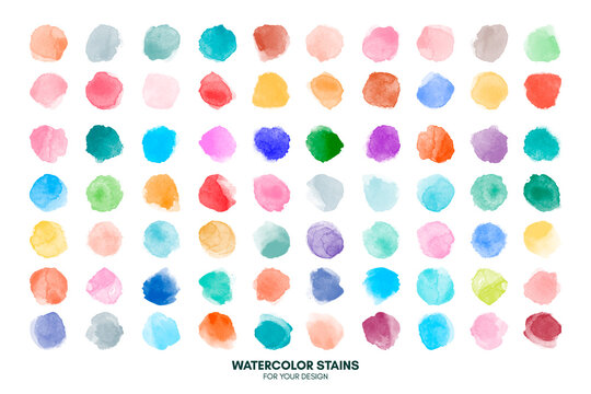 Colorful set with watercolor hand painted round shapes, stains, circles, blobs isolated on white. Elements for artistic design