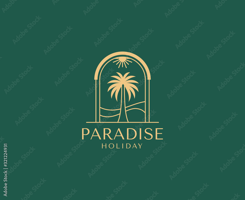 Poster vector logo design template with palm tree - abstract summer and vacation badge and emblem for holid
