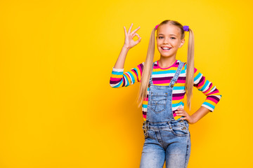 Portrait of positive cheerful blonde ponytails kid show okay sign recommend suggest select perfect...
