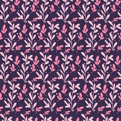 Background pattern of different plants and branches on a dark purple background. Seamless vector illustration. Design print for textiles