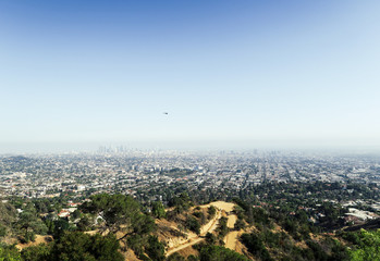 Panoramic view of LA downtown and suburbs from the beautiful Griffith Observatory in Los Angeles
