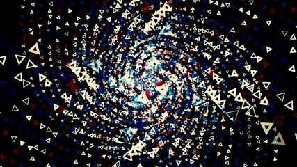 Abstract breathtaking psychedelic optical illusion of triangles on black background. Animation. Falling down throung the colorful rotating spiral along vertical 3D rows of figures. - Powered by Adobe