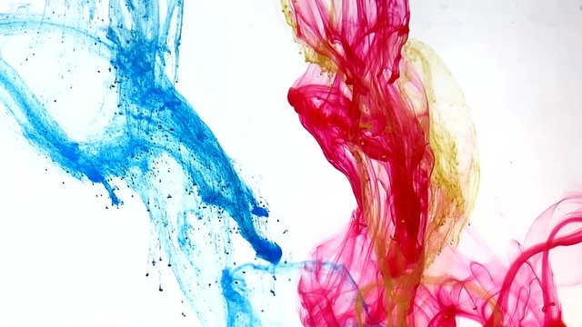 Colorful beautiful space background. Blue, yellow and red watercolor ink in water on a white background. Stylish abstract modern background. Cool trending screensaver.