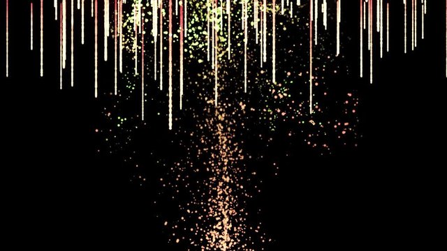 Abstract colorful narrow beams flowing down slowly with flying cloud of small particles on black background. Animation. Colorful lines and space dust in motion.