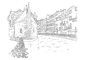 Fototapeta na wymiar City sketching. Line art silhouette. Travel card. Tourism concept. France, Annecy. Isolated. Vector illustration.