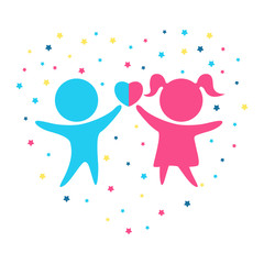 Images of boy and girl hold heart and stars around them form heart.