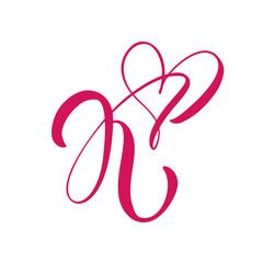 Vector Vintage floral monogram letter K. Calligraphy element heart logo Valentine card flourish frame. Hand drawn Love sign for page decoration and design illustration