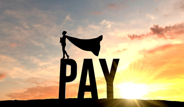Silhouette of superhero woman stood on the word pay. 3D Rendering