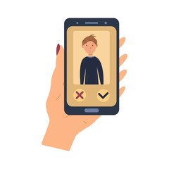 Phone in hand with the image of a guy on the screen and selection buttons. Application for dating. Online dating app - modern colorful thematic illustration on white background
