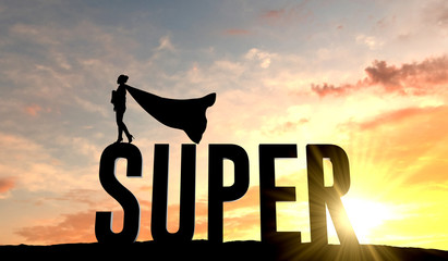 Silhouette of superhero woman stood on the word super. 3D Rendering