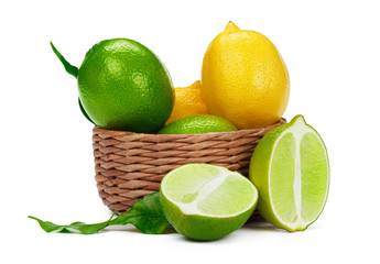 Lemon and lime together isolated on white background