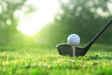 Golf clubs and golf balls on a green lawn in a beautiful golf course - obrazy, fototapety, plakaty