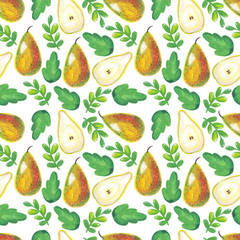 Watercolor yellow pear fruits painting on white background. Eco, fresh, organic food. Watercolor hand drawn. Seamless pattern.