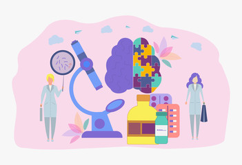 Scientists are testing or producing pharmaceuticals. Pharmacological business, pharmaceutical industry, pharmacological service concept. Colorful vector illustration.