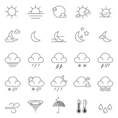 Thin line weather icons (Cloud ,Sun ,Moon ,Tornado storm ,Thunder ,Snow ,Rainy ,Star ,Umbrella ,Droplets ,Thermometer ,Foggy) collection set isolated on white background.Design for web or mobile icon.