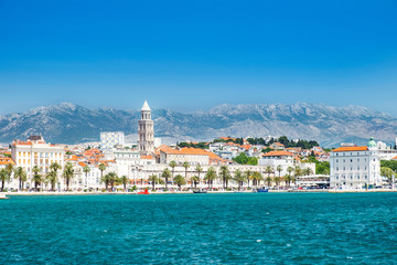 Croatia, Adriatic coast, city of Split, view on waterfront seascape and cathedral tower