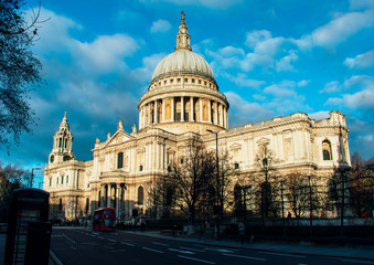 Fototapeta na wymiar London, UK/Europe; 23/12/2019: St Paul's Cathedral over a bright blue sky in London