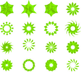 green color stars, mandala, flowers, snow flakes vector pack.