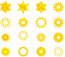 Golden yellow color stars, mandala, flowers, snow flakes vector pack.