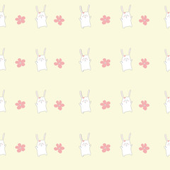 Pattern of kawaii cartoon white rabbit and pink flower on yellow background for background, wallpaper, fabric textile, paper print, kid clothes.