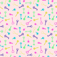 Pattern of doodle antique key colorful on pink  background for background, wallpaper, fabric textile, paper print, kid clothes.