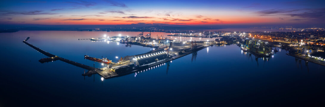 View Of Drone To The Port Burgas At Night