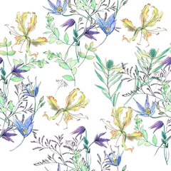 Fototapete Aquarell Natur Set Nahtloses Aquarellmuster mit blauen Blumen und Blumenzweigen auf weißem Hintergrund..